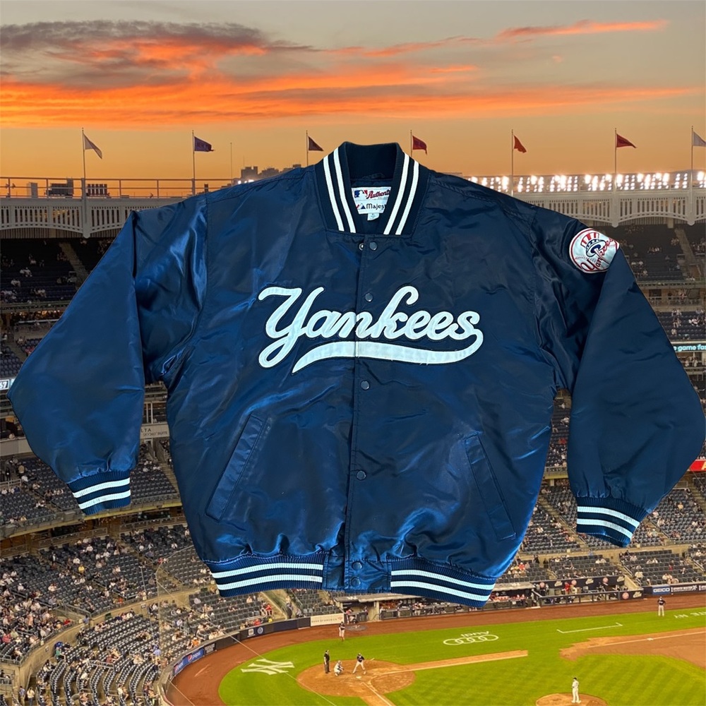 90s New York Yankees Bomber Jacket Button Up Coat Vintage Majestic Blue XL